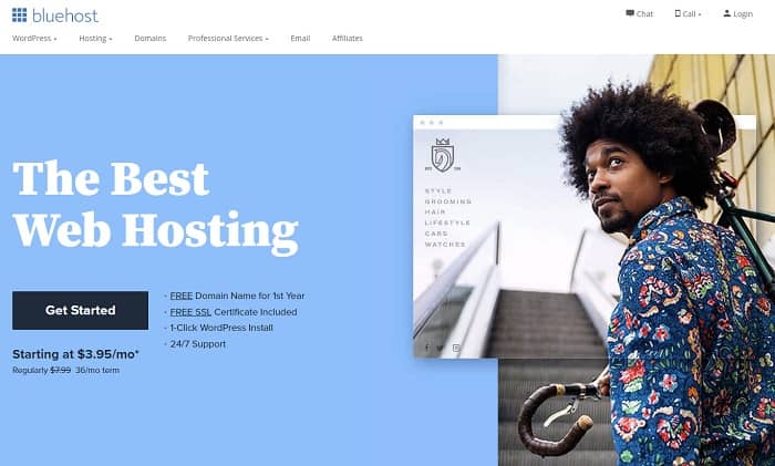 Bluehost homepage - get started now