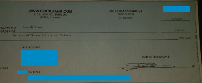 Clickbank cheque for $215.85